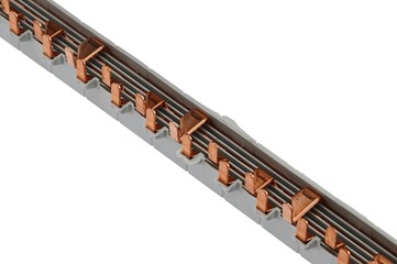 Gray plastic electric terminal busbar with copper contacts, white background