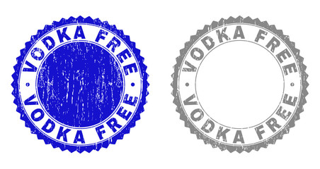 Grunge VODKA FREE stamp seals isolated on a white background. Rosette seals with grunge texture in blue and grey colors. Vector rubber stamp imprint of VODKA FREE tag inside round rosette.