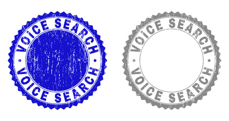 Grunge VOICE SEARCH stamp seals isolated on a white background. Rosette seals with distress texture in blue and grey colors. Vector rubber stamp imitation of VOICE SEARCH title inside round rosette.