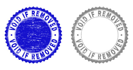 Grunge VOID IF REMOVED stamp seals isolated on a white background. Rosette seals with distress texture in blue and gray colors. Vector rubber stamp imprint of VOID IF REMOVED tag inside round rosette.