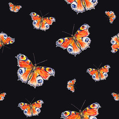 Peacock butterflies on a black background. Watercolor drawing. Insects art. Handwork. Seamless pattern
