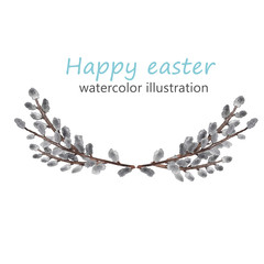 Arrangement of willow twigs on a white background watercolor illustration of a happy Easter