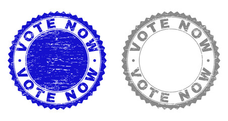 Grunge VOTE NOW stamp seals isolated on a white background. Rosette seals with grunge texture in blue and grey colors. Vector rubber stamp imprint of VOTE NOW tag inside round rosette.