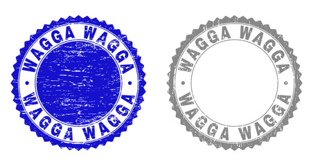 Obraz premium Grunge WAGGA stamps isolated on a white background. Rosette seals with grunge texture in blue and grey colors. Vector rubber watermark of WAGGA text inside round rosette.