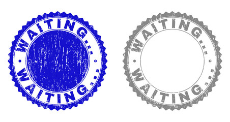 Grunge WAITING... stamp seals isolated on a white background. Rosette seals with distress texture in blue and gray colors. Vector rubber stamp imprint of WAITING... tag inside round rosette.