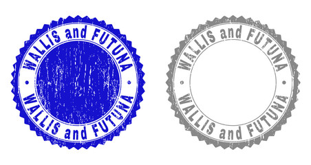 Grunge WALLIS AND FUTUNA stamp seals isolated on a white background. Rosette seals with grunge texture in blue and grey colors.