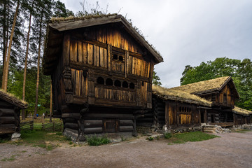 Fototapeta na wymiar Traditional wooden building in Oslo an open-air museum which incorporates traditional buildings from Norway regions