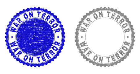 Grunge WAR ON TERROR stamp seals isolated on a white background. Rosette seals with grunge texture in blue and grey colors. Vector rubber overlay of WAR ON TERROR text inside round rosette.