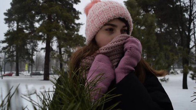 Portrait of a girl in a hat on the background of dark pine branches in winter.