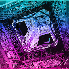 Ultraviolet vaporwave synthwave style illustration 80s - 90s colorful low poly design. Vector structure card background illustration. Creative postmodernism artwork with lights in night looking up