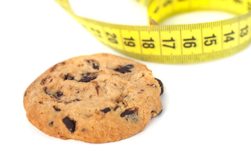 Chocolate Chip Cookie  with Measuring Tape Isolated on White, Diet Concept