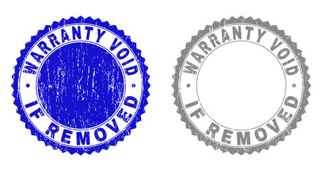 Grunge WARRANTY VOID IF REMOVED stamp seals isolated on a white background. Rosette seals with grunge texture in blue and gray colors.