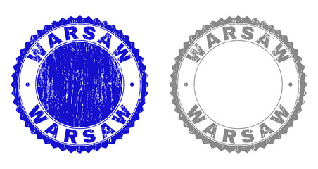 Grunge WARSAW stamp seals isolated on a white background. Rosette seals with grunge texture in blue and gray colors. Vector rubber watermark of WARSAW tag inside round rosette.