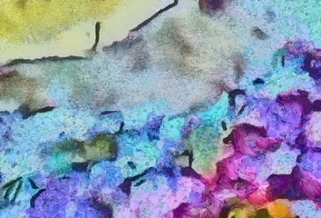 Close up oil paint abstract background. Art textured brushstrokes in macro. Part of painting. Old style artwork. Dirty watercolor texture. Modern pattern. Chaotic splashes. Multi-colors design.