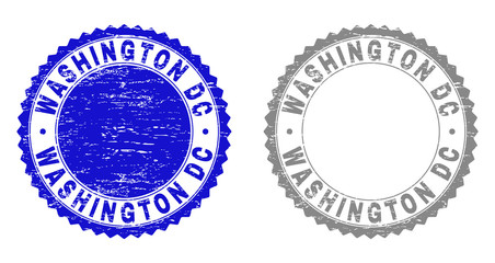Grunge WASHINGTON DC stamp seals isolated on a white background. Rosette seals with grunge texture in blue and gray colors. Vector rubber overlay of WASHINGTON DC caption inside round rosette.