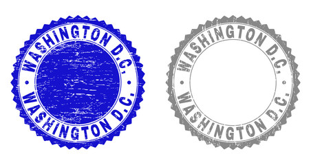 Grunge WASHINGTON D.C. stamp seals isolated on a white background. Rosette seals with grunge texture in blue and grey colors. Vector rubber overlay of WASHINGTON D.C. text inside round rosette.