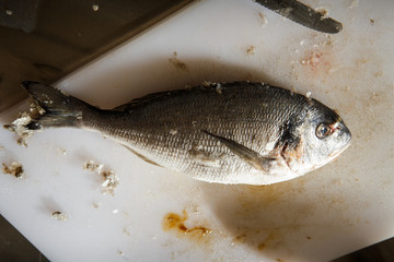 top view peeled by knife fresh dorado fish