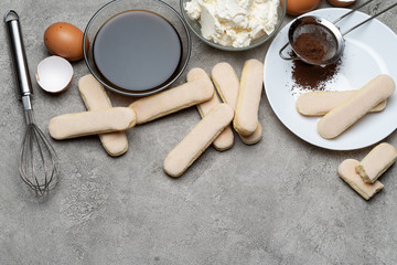 frame made of Ingredients for making traditional Italian dessert Tiramisu