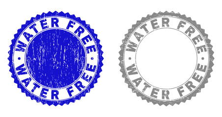 Grunge WATER FREE stamp seals isolated on a white background. Rosette seals with grunge texture in blue and gray colors. Vector rubber stamp imitation of WATER FREE title inside round rosette.