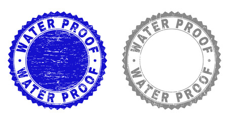Grunge WATER PROOF stamp seals isolated on a white background. Rosette seals with distress texture in blue and gray colors. Vector rubber overlay of WATER PROOF text inside round rosette.