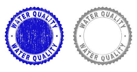 Grunge WATER QUALITY stamp seals isolated on a white background. Rosette seals with distress texture in blue and grey colors.