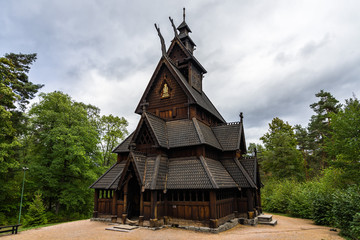 Fototapeta na wymiar Traditional wooden church Stave Church (Stavkirke), Oslo, Norway