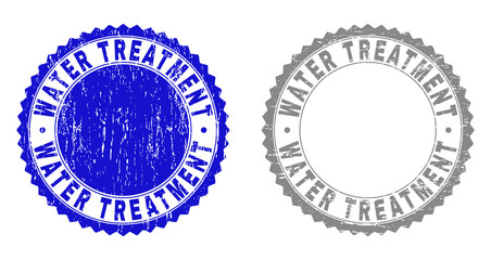 Obraz premium Grunge WATER TREATMENT stamp seals isolated on a white background. Rosette seals with grunge texture in blue and grey colors. Vector rubber stamp imprint of WATER TREATMENT title inside round rosette.