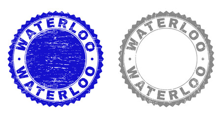 Grunge WATERLOO stamp seals isolated on a white background. Rosette seals with distress texture in blue and gray colors. Vector rubber stamp imprint of WATERLOO text inside round rosette.