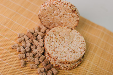 Bran and cereals. Scattered on the table. Healthy food. Slimming diet