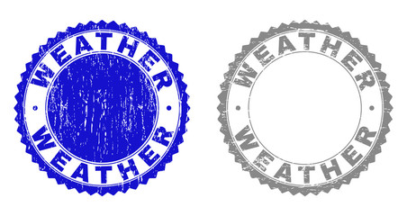 Grunge WEATHER stamp seals isolated on a white background. Rosette seals with grunge texture in blue and grey colors. Vector rubber overlay of WEATHER caption inside round rosette.