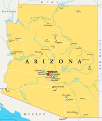 Arizona political map with capital Phoenix, important cities, rivers, lakes. State in southwestern region of United States, Part of Western and Mountain States. English labeling. Illustration. Vector.