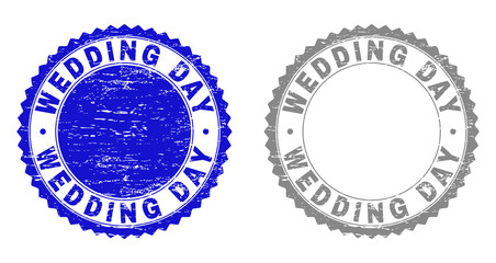 Grunge WEDDING DAY stamp seals isolated on a white background. Rosette seals with grunge texture in blue and gray colors. Vector rubber overlay of WEDDING DAY caption inside round rosette.