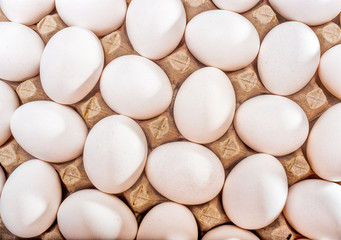 Eggs in a container arranged in opposition to each other.