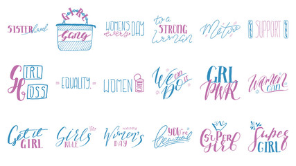 Set of 18 Isolated on White Hand Drawn Lettering Quotes. Vector Illustration Titles for Feminist, Sisterhood, Womens Day. Handwritten Phrases Girl Gang, GRL PWR, super, strong, boss, equality.