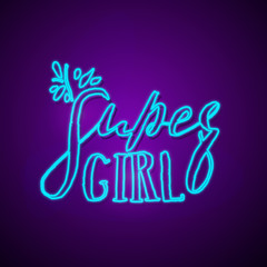 Super Girl Hand Drawn Lettering Quote on Neon Light. Vector Illustration Titles for Feminist, Sisterhood, Womens Day. Handwritten Inscription Phrases.