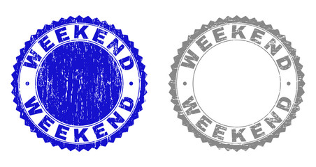 Grunge WEEKEND stamp seals isolated on a white background. Rosette seals with grunge texture in blue and gray colors. Vector rubber watermark of WEEKEND tag inside round rosette.