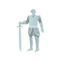 The figure of the calm knight in gray armor with sword in the left hand on a white background