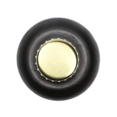 Beer bottle with drops isolated on white, with clipping path, top view 