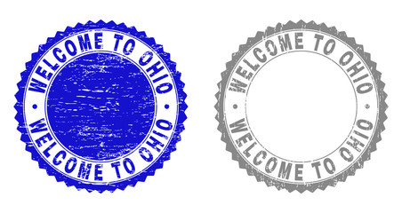 Grunge WELCOME TO OHIO stamp seals isolated on a white background. Rosette seals with grunge texture in blue and gray colors.