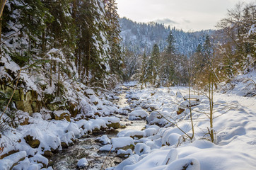 Beautiful winter landscape with river and snow on the trees
