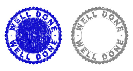 Grunge WELL DONE stamp seals isolated on a white background. Rosette seals with grunge texture in blue and gray colors. Vector rubber stamp imitation of WELL DONE text inside round rosette.