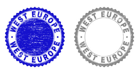 Grunge WEST EUROPE stamp seals isolated on a white background. Rosette seals with grunge texture in blue and gray colors. Vector rubber stamp imitation of WEST EUROPE title inside round rosette.