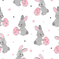 Seamless Easter pattern with cute watercolor bunnies and eggs.