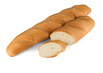 Sliced and one-piece baguette isolated on white background with shadows.