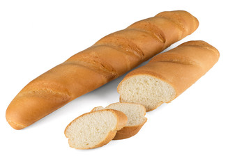 Sliced and one-piece baguette isolated on white background with shadows.