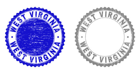 Grunge WEST VIRGINIA watermarks isolated on a white background. Rosette seals with grunge texture in blue and grey colors. Vector rubber stamp imitation of WEST VIRGINIA title inside round rosette.