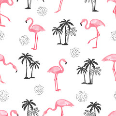 Seamless tropical pattern with watercolor flamingo and palm trees.