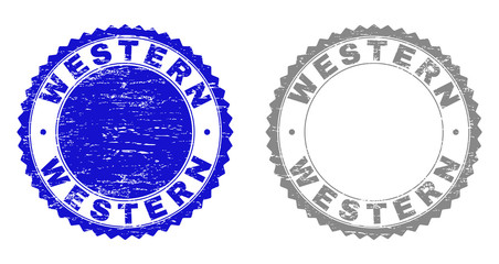 Grunge WESTERN stamp seals isolated on a white background. Rosette seals with grunge texture in blue and gray colors. Vector rubber overlay of WESTERN tag inside round rosette.