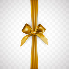 Beautiful realistic festive golden bow or ribbon isolated on transparent background.