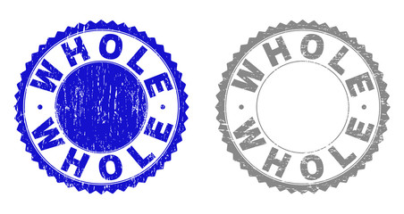 Grunge WHOLE stamp seals isolated on a white background. Rosette seals with grunge texture in blue and gray colors. Vector rubber overlay of WHOLE title inside round rosette.